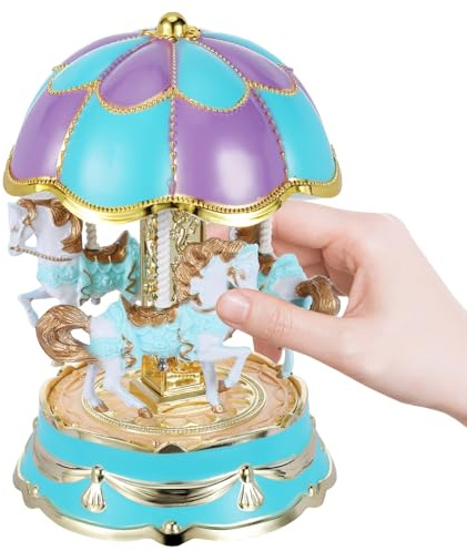 DOITOOL Aufziehbare Karussell Spieluhr mit Drehbarem Pferd, Blau, Abs | Vintage Optik mit Klassischem Stil, für Schreibtisch und Regal, Runde Kuppelform, für Kinder