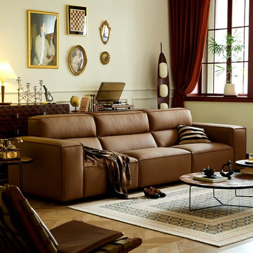 Medeltida retro brun lädersoffa, rymlig och mjuk soffa med massiv träram, modern stor storlek, lämplig för vardagsrum/kontor/lägenhet.