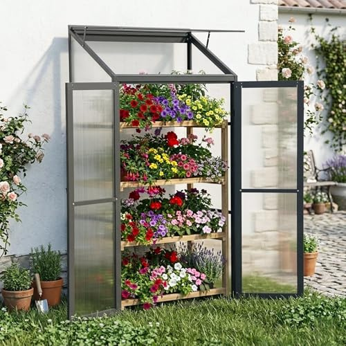 Gegaden Anlehngewächshaus Tomaten Gewächshaus 100x55x190cm Aluminium Beistell-Gewächshaus, Treibhaus Gartenhaus Frühbeet mit Rückwand, Winterfest Klein, Minigewächshaus, Greenhouse, Schwarz