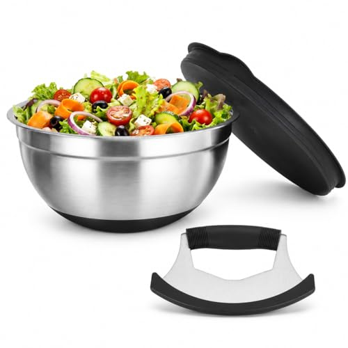 Morvexa Insalatiera in acciaio inox, 25,5 cm, con coperchio, grande ciotola per mescolare e fermentazione con fondo antiscivolo, set di ciotole da cucina con tagliapizza, per insalata, impasto