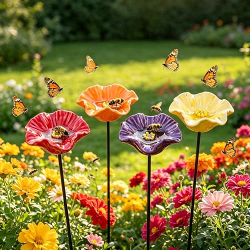 Handgemachte BienenblüTen Keramik – Wetterfeste Keramik-TräNken, Als Bienen- & InsektenträNke FüR DraußE (4 Blüten)