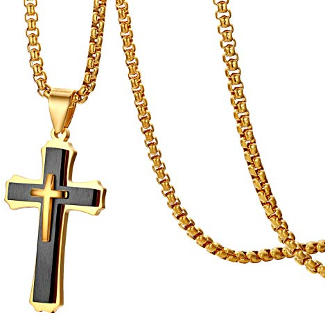Flongo Herren-Kette Männer Anhänger Halskette Rosenkranz Kette Silber Schwarz Gold Jesus doppelte Kreuz Kruzifix Herren-Accessoires