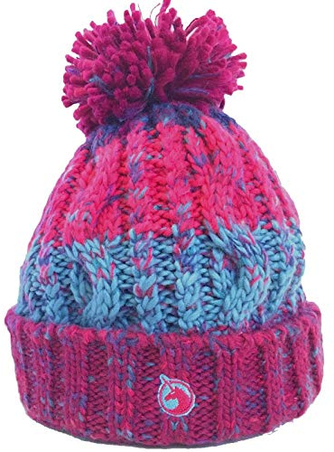 Enhörning huvudbonader korkskruv akryl stickad fleece fodrad pom pom mössa hatt, Rosa bär, one size