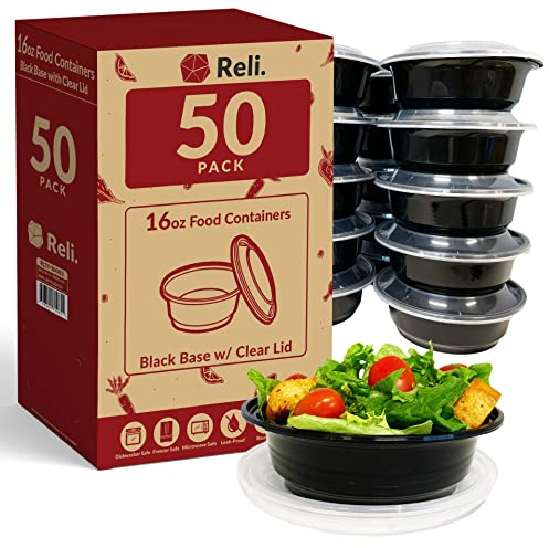 Reli. Meal Prep Bowls w/Lids - 50 Pack (16 oz) | Disposable Bowls with Lids | Microwave/Freezer Safe