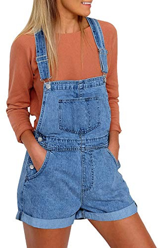 Roskiky Salopette da donna in denim con cinghie a fibbia e tasche con orlo a polsino, D-blu, S