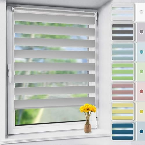 OUBO Doppelrollo Klemmfix, Rollos für Fenster ohne Bohren & mit Bohren (Grau, 70cm x 120cm), Duo Rollo Klemmrollo Fensterrollo Easyfix, lichtdurchlässig und verdunkelnd.