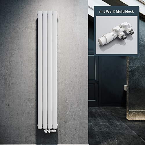 ELEGANT Radiateur au design plat vertical, blanc, 1800 x 308 mm, avec multibloc blanc, thermostat, double couche, raccord central