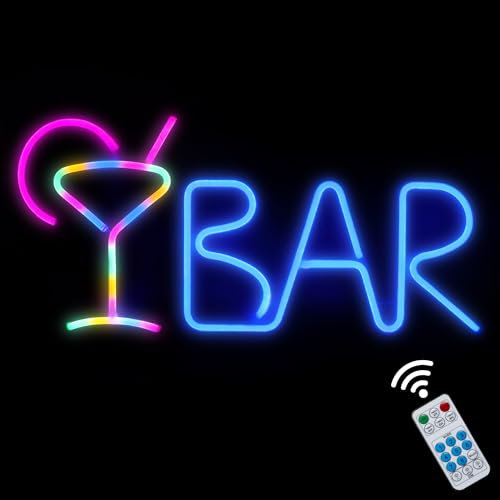 iKefe Panneau lumineux LED néon avec télécommande LED bleue cocktail colorée - Fonctionne avec USB et piles - Décoration murale pour bar, pub, bistro, fête d'Halloween, Saint-Valentin