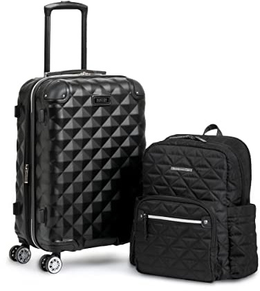 Kenneth Cole REACTION Diamond Tower Collection Lightweight Hardside Expandable 8-Wheel Spinner Travel Luggage, Black, 2-Piece Bundle (Carry On + Backpack)