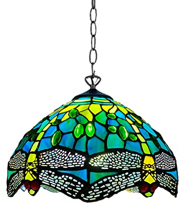 Tiffany Pendant Light 10in Teal & Green Dragonfly - Stained Glass Shade | Tiffany pendant light with handcrafted stained glass shade. For living room, bedroom, hallway, lounge or dining room.