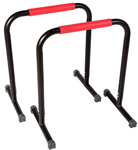 Basics Dip Fitness Bar | Push Up Stand Dip Station | Calisthenics Equipment | ✓ Dip Station ✓ Push Up Stand Bar ✓ Pull Up Dip Bar ✓ Bodyweight Equipment ✓ (Schwarz/Rot)