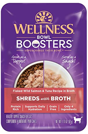 Wellness Bowl Boosters Shreds with Broth Wet Cat Food Topper, Grain Free, Natural, Flaked Salmon and Tuna Recipe, 1.75 oz, Pack of 12 Pouches