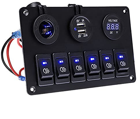 6 Gang LED Switch Panel 12V Steckdose USB-Ladegerät 3.1A Digital-Voltmeter-Kippschalter-Steuerung für Autoboot-Camper Marine RV (Color : Blue1)