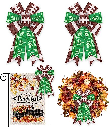 ALIBBON 2Pcs Football Party Bows for Wreaths, Fall Wreath Bows, Super Bowl Bows, Green Brown Bows for Front Door, Football Party Supplies Decor, Burlap Bows for Wreath Indoor Outdoor Decor