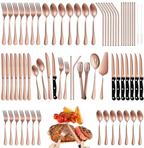 69pcs Rose Gold Silverware Set with Steak Knife Service For 8, Flatware Cutlery Set Stainless Steel Utensils Mirror Polishe Spoon and Fork with Metal Straw, Slotted Spoon, Tongs, Cake Server Tableware
