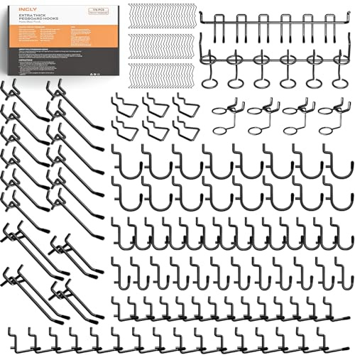 INCLY 176PCS Extra Thick Pegboard Hooks, 1/4 Heavy Duty Black Metal Peg Board Hooks Assortment with Peg Locks Pegboard Accessories Kit for Garage Wall Organizer Hanging Tools