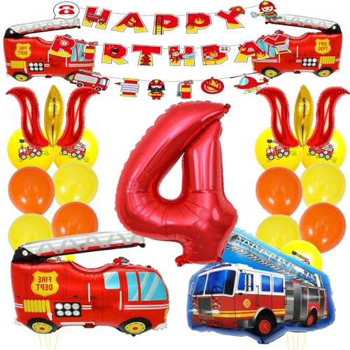 ZWWsullo Folienballon Luftballon 4 Geburtstag Junge Feuerwehrauto Happy Birthday Deko Feuerwehr 4 Jahre
