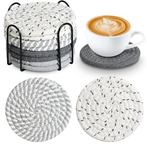 KIKIGOAL Set of 8 Coasters for Drinks, Round Woven Coaster Cotton Woven Coaster,Absorbent Drink Coasters,Handmade Braided Fabric Coasters,Water Absorbent Coaster Set with Holder