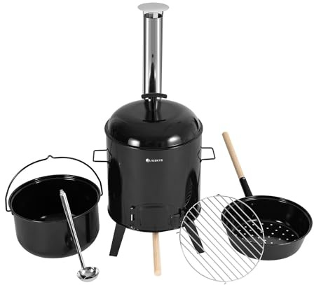 Juskys Gulaschkanone 17 Liter mit Kessel & Pfanne - Outdoor Ofen zum Kochen, Braten & Grillen - Gulaschkessel Holzofen Deckel Eintopfofen Feldküche