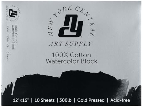 New York Central Watercolor Block, 300 lb Cold Press 12x16 inch, 10 Sheets, Archival Watercolor Paper for Artists, Students, Gelatin Sized, Durable Water Color Paper, Suitable for Wet and Dry Media