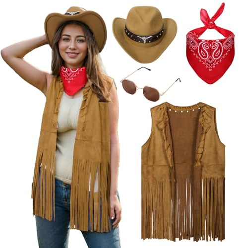 Matreeglam Western Fransen ärmellos Weste für Damen, Hippie Kostüm mit western Cowboyhut rotes Schal, Hippie Fransenweste, Faschingskostüm für Halloween Karneval Mottoparty (L)
