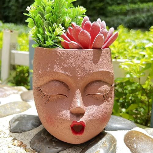 EylbKey Pot de fleurs fait à la main pour plantes grasses en résine - Motif visage de baiser - Pour plantes d'intérieur et d'extérieur - Marron