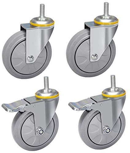MUCSAH Roulettes À Plaques M12 Filetage Lourd Roulette Silent Caoutchouc Tige Roue Industrielle Universelle Chariot Rotatif Transport Pied Roue Avec Frein 440Kg Usine Hôtel Hôpital Chariot/2 Freins Un
