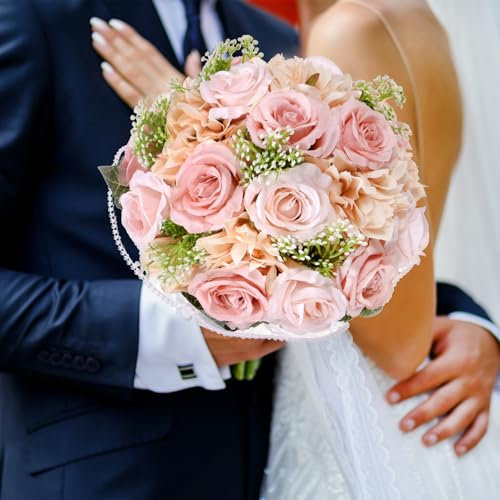 M METERXITY Ramos de Novia para la Novia, Ramo de Flores Artificiales para Bodas, Ramos de Novia para Novia/Dama de Honor, Ramos con Cinta de Seda [Color de Pasta de Frijoles]