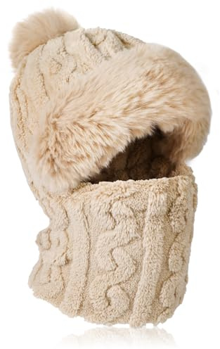 TAGVO Strickmütze Damen Thermo Winter, Flexible Strickmütze mit Haarball, 3 in 1 Warm Strickmütze & Halswärmer Sets, Sturmhaube Gesichtsmaske mit Weichem Fleece Innenfutter für Frauen