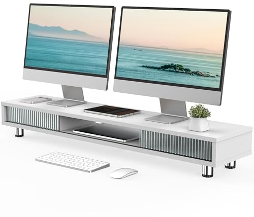 Fenge Dual monitorstativ 108 cm stort skärmstativ med 2 glasskjutdörrar höjdjusterbart monitorstativ för dator/laptop/TV, lastkapacitet 50 kg (vit)