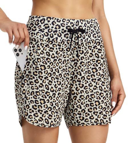 WILLIT Dam 5 tum atletiska löparshorts lång träning vandringsshorts löpning jogging löparbyxor snabbtorkande hög midja aktiva shorts blixtlåsficka, Leopardtryck, L