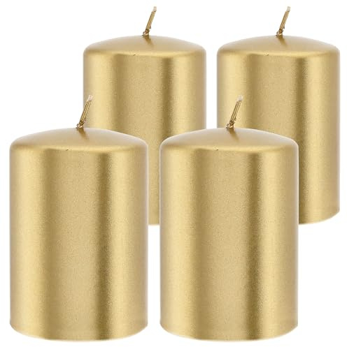 Stumpenkerze 4er Set | silber rund Ø6,8x10cm Paraffin | metallisch Wachskerze Brenndauer 40h (1 x Stumpenkerze 4er Set gold)