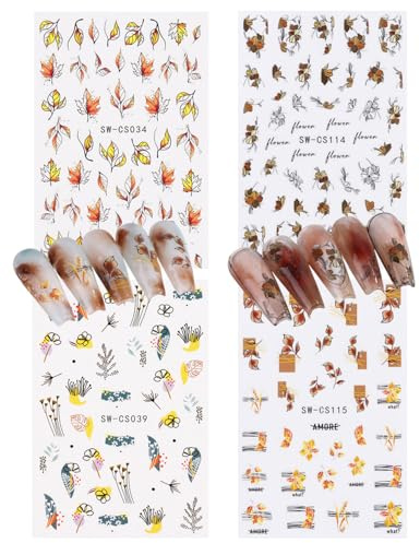 BPTRKOM 8 Blätter nagelsticker mit Herbstlichem Ahornblatt- Selbstklebende Nagelaufkleber,Herbstliche Nail Sticker,Nageldesign Zubehör,Nagel Dekoration für Frauen Mädchen