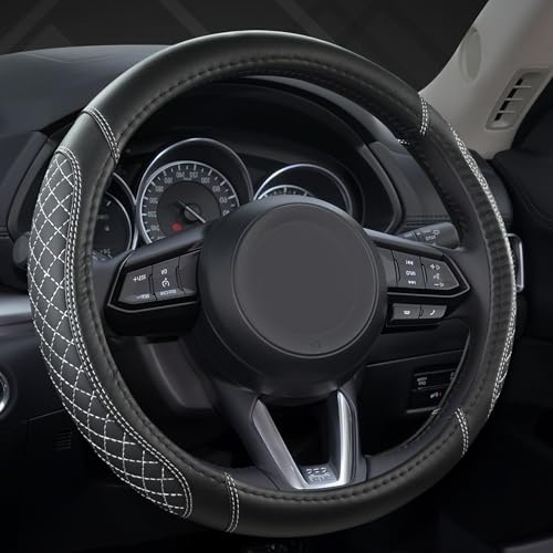 GIANT PANDA Coprivolante in pelle PU, compatibile con volanti rotondi Renault Clio,Scenic,Twingo,Captur,Zoe, diamantato trapuntato nero+grigio