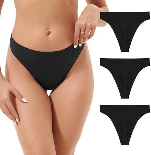 INNERSY Periodenunterschwäsche Tanga Schwarz Seamless Periodenslip Thong ohne Naht Mikrofaser 3 Pack (L, 3 Schwarz)