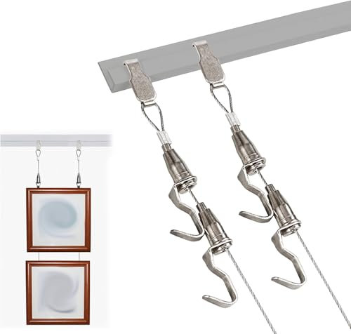 bilderschienen aufhängesystem Kit Zum Aufhängen Von Bildern Keine Wandbeschädigung, 2M Länge Galerie-Schiene Mit 4 Packungen Edelstahl-Drahtseil & 8 Stück Verstellbaren Haken Für Fotos/Kunstwerke(Gray