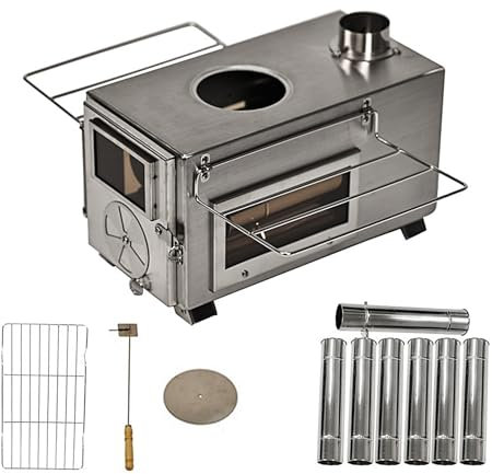 Cucina a Legna in Acciaio Inox 304, Stufa a Legna Economica Piccola Pieghevole con Canna Fumaria a 7 Sezioni per Riscaldamento Della Tendas, Bollitura Dells'acqua, Cucina