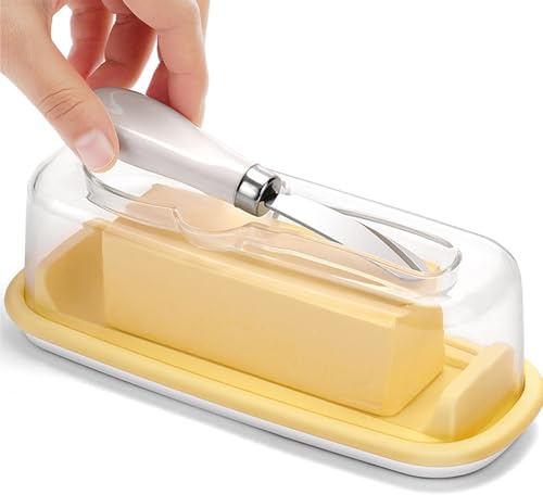 Mantequera con tapa y cuchillo, bandeja de plástico de silicona de gran capacidad con patas antideslizantes para refrigerador de cocina