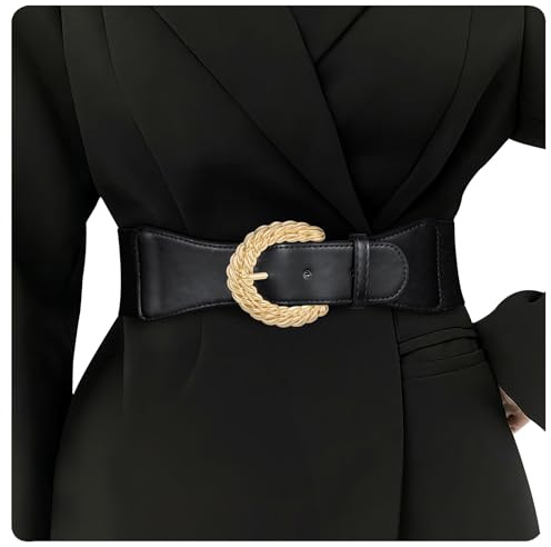 WHIPPY Damen Elastischer Taillengürtel für Kleider Breiter StretchGürtel mit Goldene Schnalle, Schwarz, 90cm