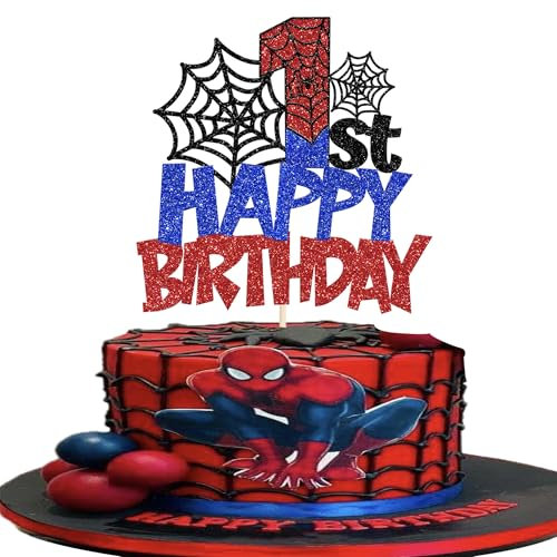 Rsstarxi 1 Pack Happy 1st Birthday Cake Topper Glitter Superhero Spider Theme Cake Pick Welcome Baby Newborns Cake Decorations for Baby Shower Kids Boys Happy Fist Birthday Party Cake Decorations