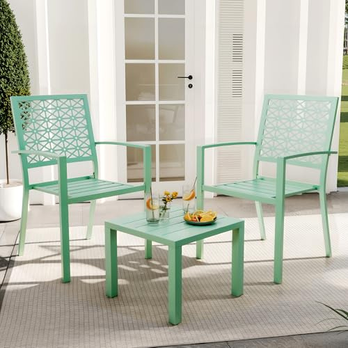 GarveeLife 3-teiliges Terrassenmöbel-Set, Metall Outdoor-Möbel mit 2 Stühlen und Couchtisch, modernes Bistro-Set für Garten, Balkon, Veranda, Hellgrün