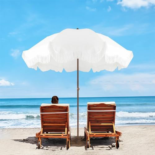 Parasol de table d'extérieur de 1,8 m avec franges, parasol de plage portable avec inclinaison, parasol de protection à franges blanc bohème, parasol de patio réglable en hauteur, parasol de jardin ét
