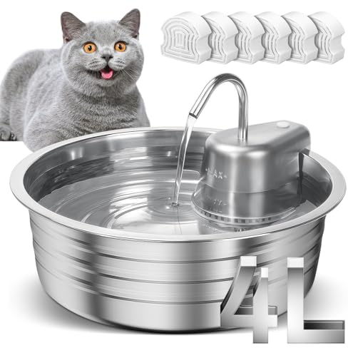 Fuente de Agua para Gatos, Fuente de Acero Inoxidable de 4 litros, dispensador de Agua para Perros con 6 filtros y 6 esponjas, Cuenco de Agua para Perros, Fuentes de Agua para Gatos, Suministros de