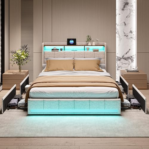 QMTXBYJ Dubbelsäng, 160 x 200 cm, sängram med 4 lådor och ribbotten, klädd säng, LED-sänggavel med förvaringsfack och 2 USB-uttag, för vuxna och tonåringar