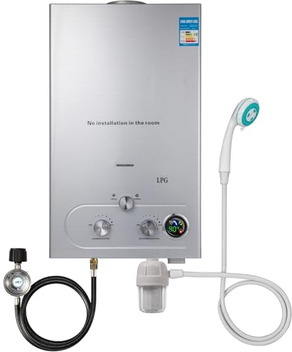 12L 24KW Gas Durchlauferhitzer LPG Warmwasserbereiter, Temperatur kann 35-55 ℃ Outdoor Propan-Durchlauferhitzer mit Digitalanzeige und Duschset für Campingausflüge Bootshaus Wohnmobil