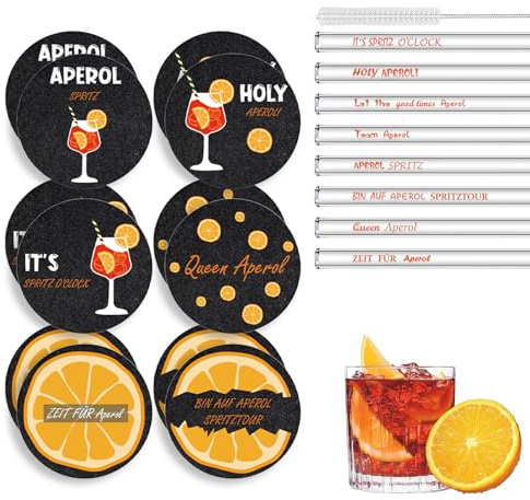 20 Stück Aperol Spritz Geschenkset inklusive 8 Aperol Glasstrohhalme und 12 Aperol Filzuntersetzer, Aperol Accessoires personalisiert für Cocktail Liebhaber (mit untersetzer)
