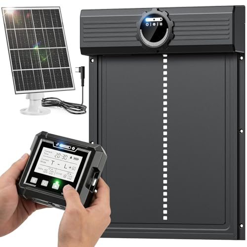 Kabellose Große Automatische Hühnerklappe Solar, MASTERFUN Aluminium Hühnerklappe Automatisch mit Lichtsensor, Timer, 7W-Solarpanel, Intelligenter Einklemmschutz, Elektrische Hühnertür