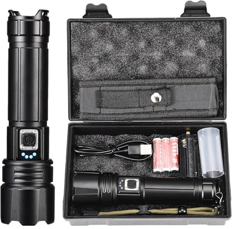 YGHQAP Torcia LED Ultra Potente, Torcia Elettrica Ricaricabile 10000 Lumen, Torcia a Lungo Raggio, Zoomable 5 Modalità per Campeggio Escursionismo Pesca (A)