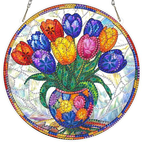 AIRDEA DIY Stained Glass Tulips Diamond Art Ornament Kit for Adults, Double-Sided Tulip Vase Diamond Painting Hanging Kit, DIY Acrylic Special Shaped Drills Hanging Suncatcher