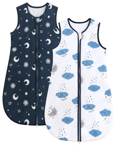 WYTbaby Baby Schlafsack 1,5 Tog 2er Pack, 100% Baumwolle Warmer Ganzjahres Babyschlafsack Marineblauer Stern 6–12 Monate